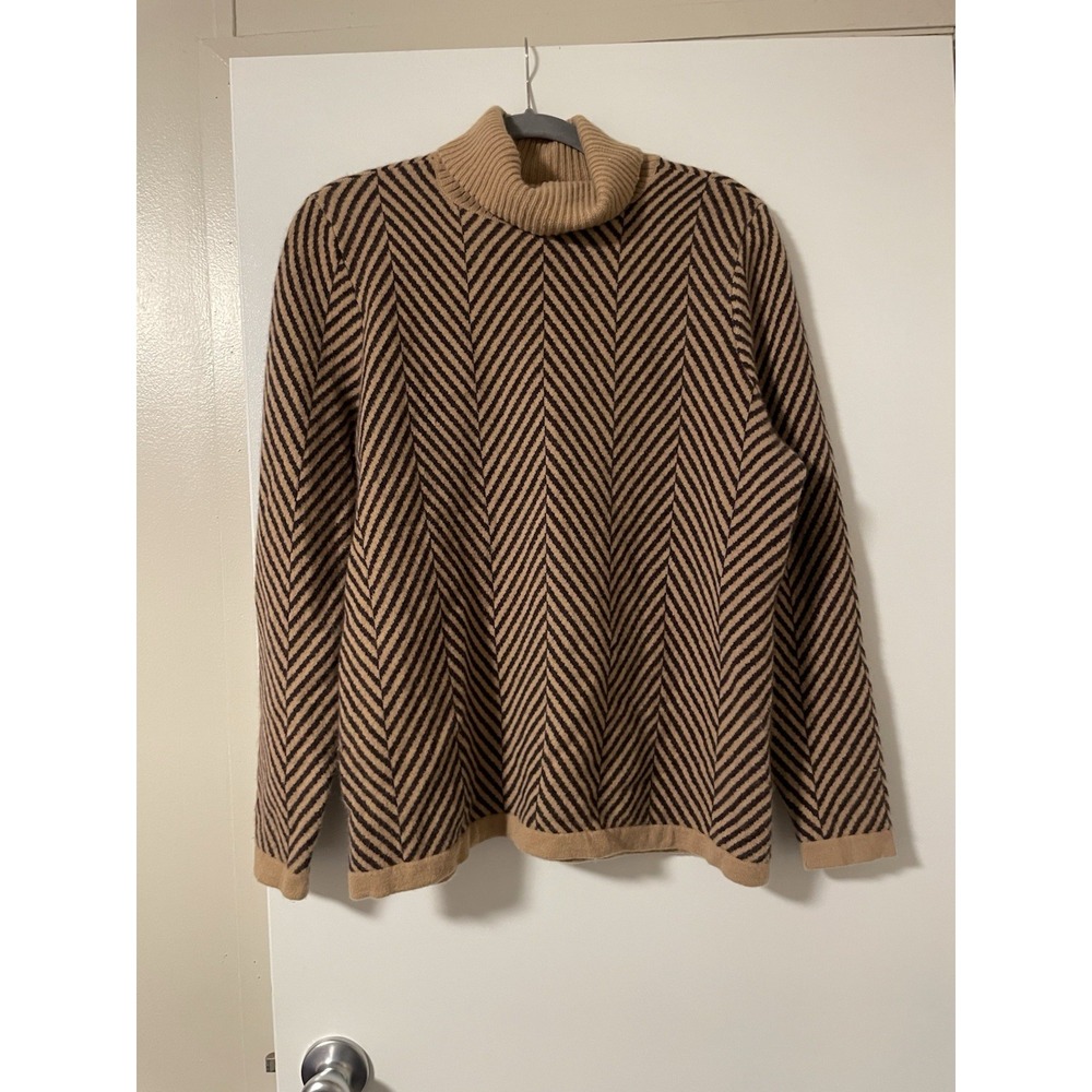 Lands' End 100% Cashmere Tan Black Chevron Turtleneck Sweater Women's Large READ